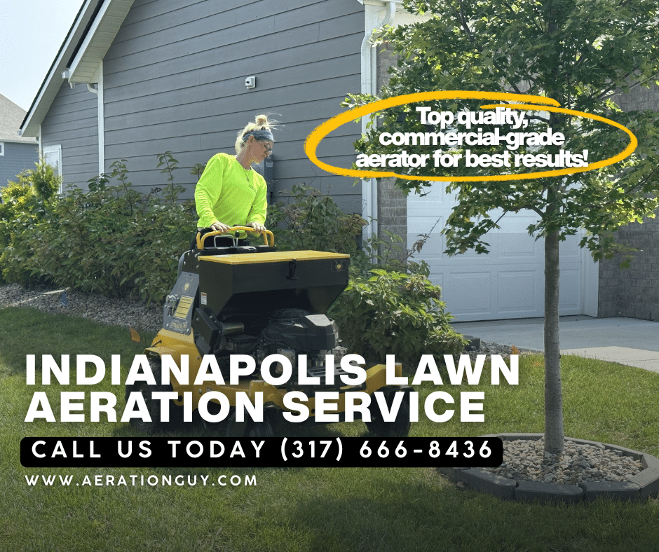 Lawn care professional riding a Stinger Aerator for safe and effective Indianapolis lawn aeration.