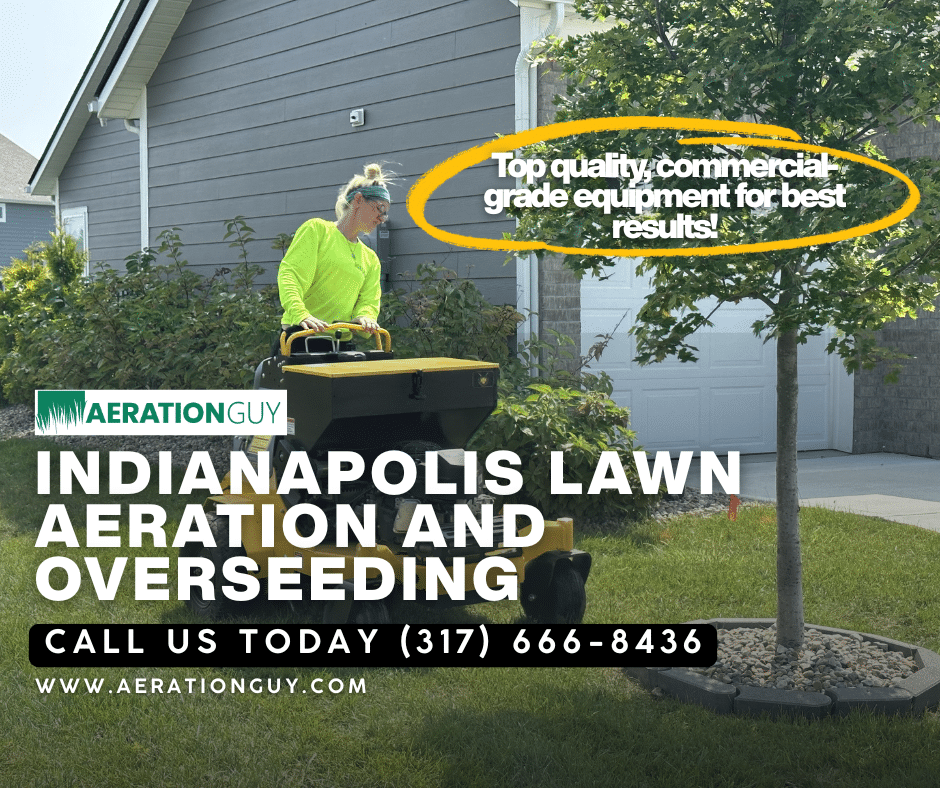Aeration Guy technician operating professional equipment for aeration and overseeding Indianapolis services.