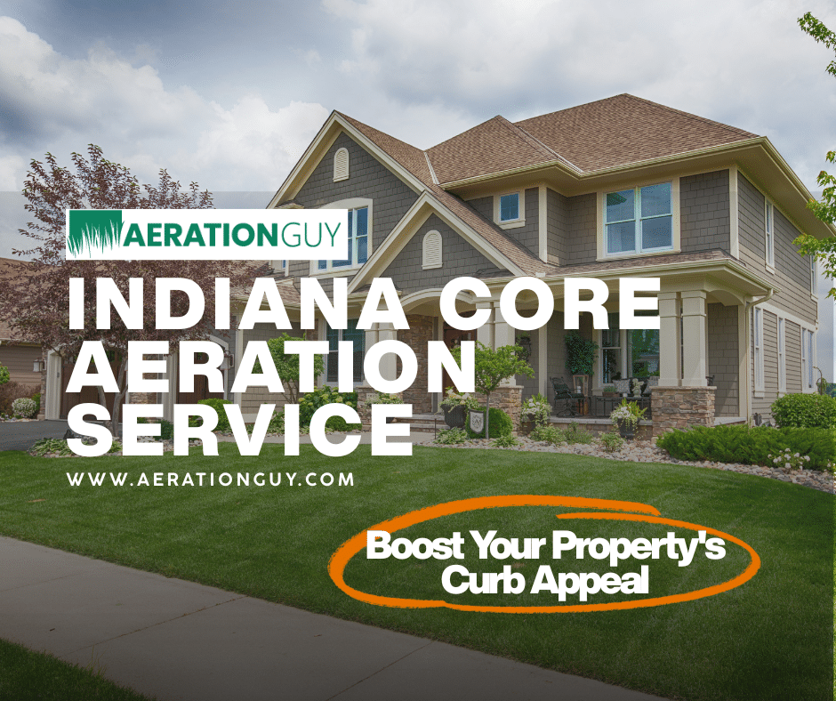 Beautiful home with a healthy green lawn in Indianapolis showcasing the results of an Indiana core aeration service for compacted soil by The Aeration Guy.