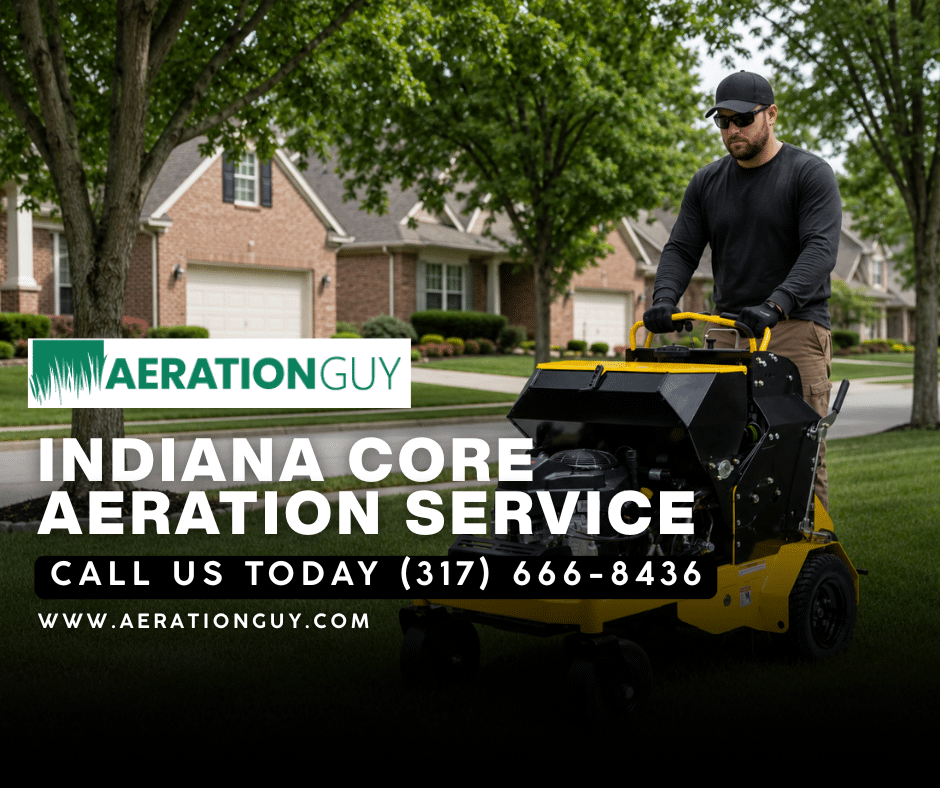 The Aeration Guy technician operating core aeration equipment on an Indianapolis residential lawn during an Indiana core aeration service visit.
