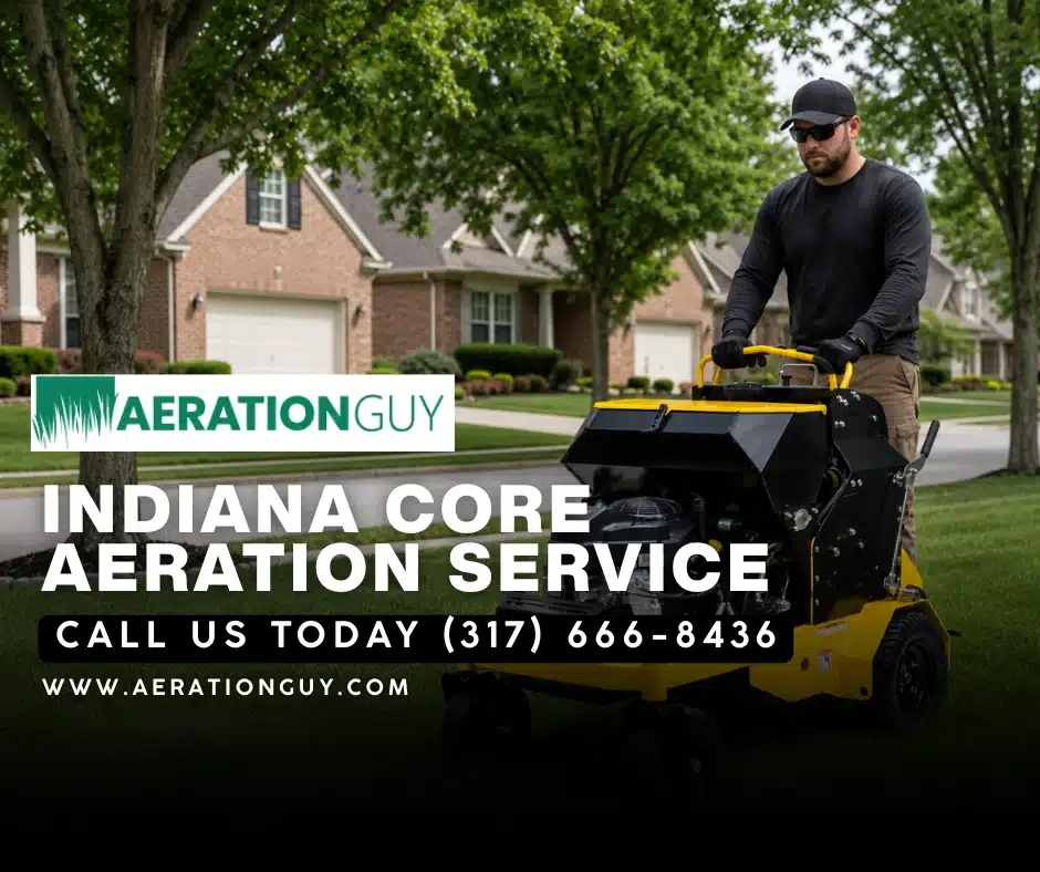 The Aeration Guy technician operating a Stinger Aerator on a residential lawn in Carmel, Indiana, providing professional lawn aeration service Carmel families rely on.