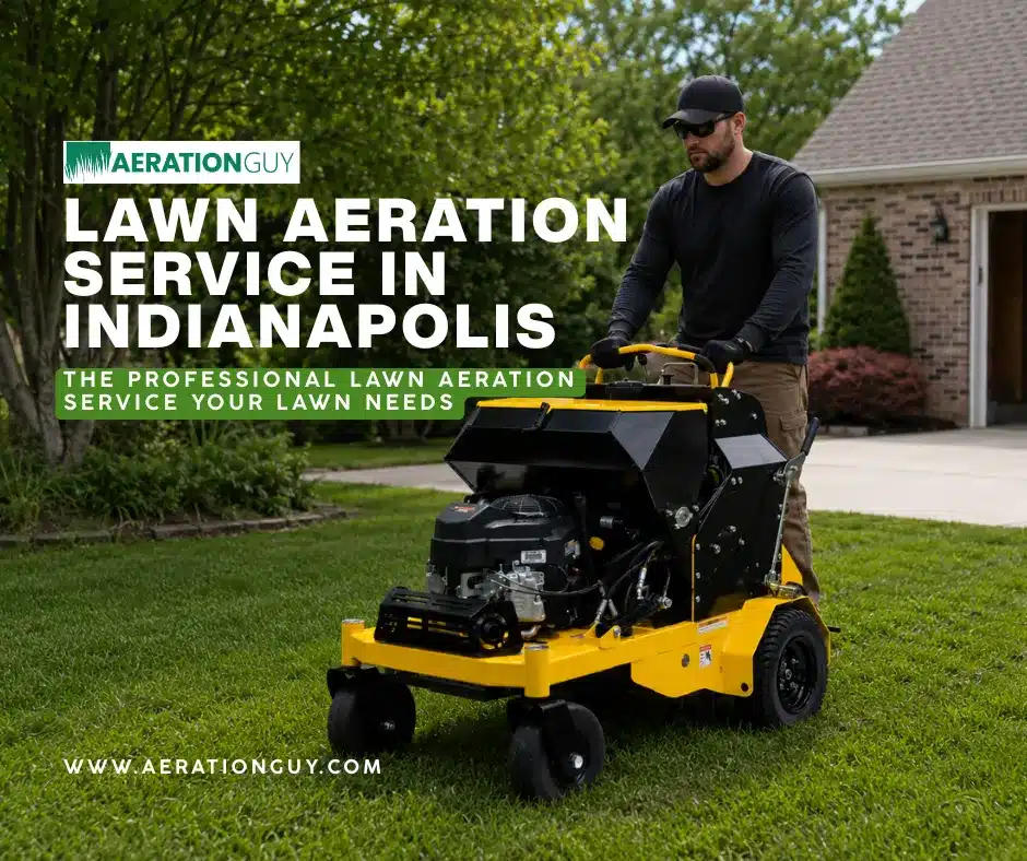 Skilled Aeration Guy technician on a top of the line Stinger Aerator machine performing lawn aeration Indianapolis services.
