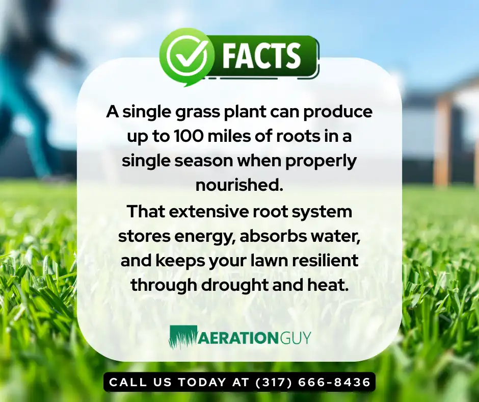 Visualization of grass roots spreading deep underground, highlighting the benefits of a lawn fertilization service Carmel homeowners trust.
