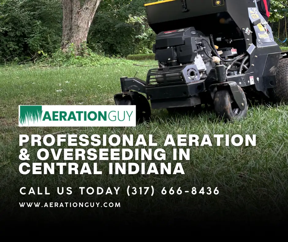 The Aeration Guy technician operating aeration equipment on a Carmel residential lawn during a professional aeration and overseeding service visit.
