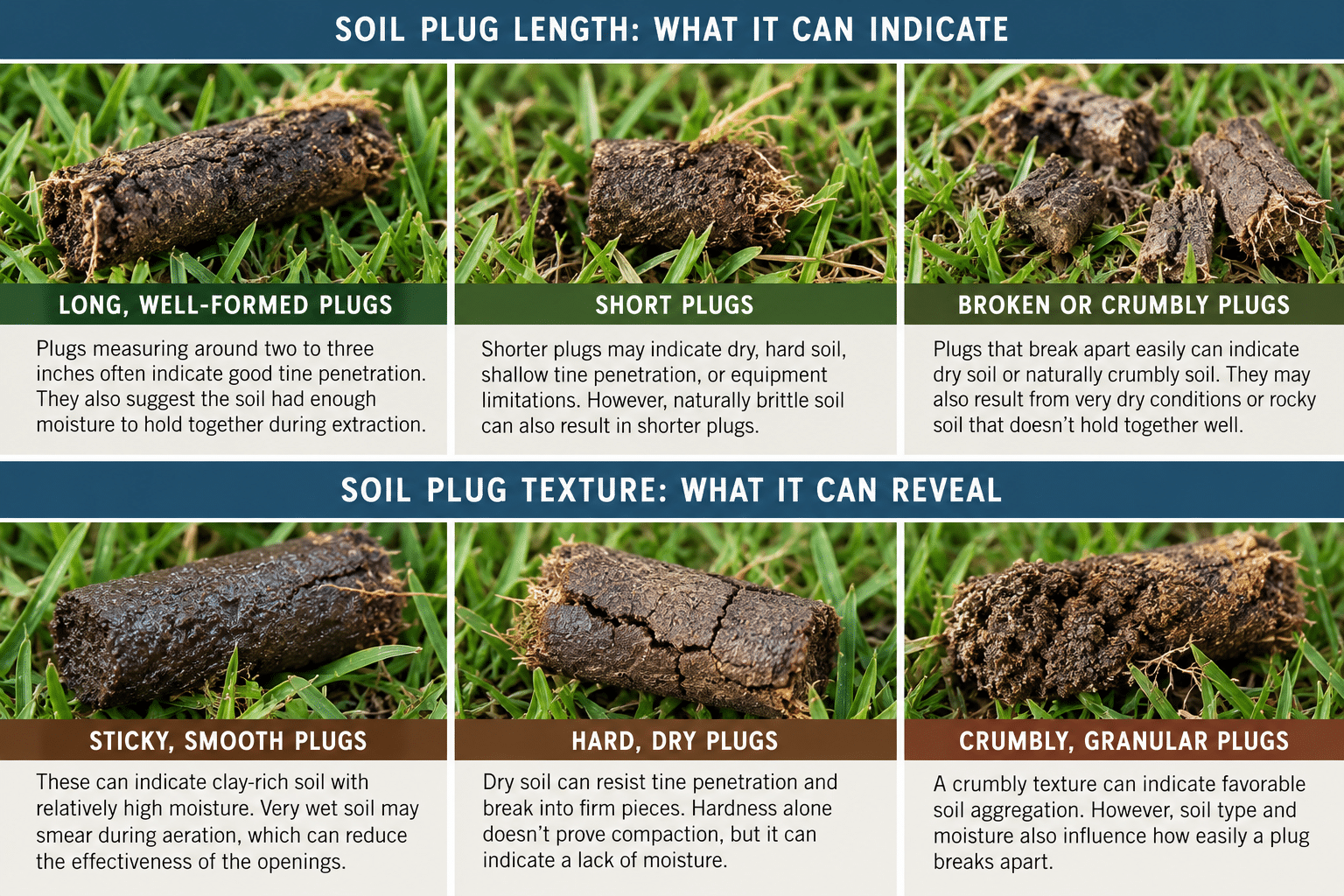 Infographic showing six lawn aeration soil plug samples, comparing long, short, broken, sticky, dry, and crumbly plugs to illustrate different soil conditions.