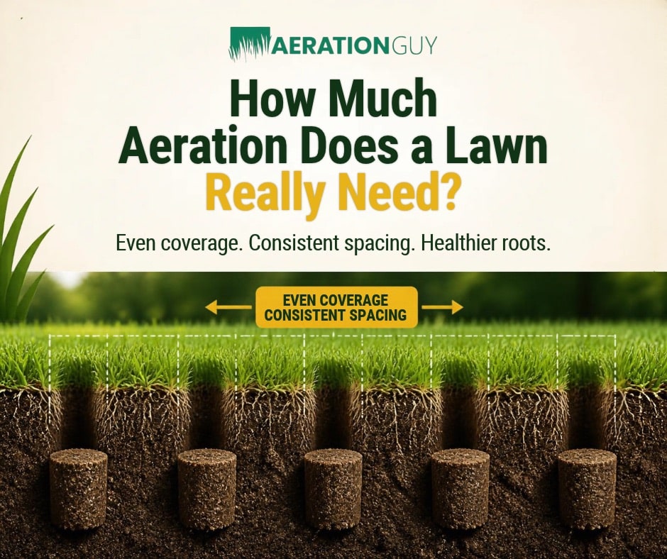 Lawn aeration passes compared on a Central Indiana lawn, showing core aeration holes from single-pass and double-pass treatments.