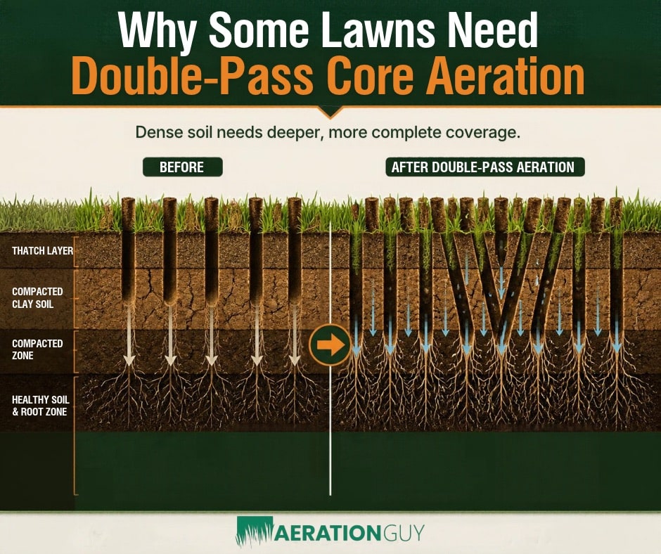 Double pass core aeration on an Indianapolis lawn showing overlapping aeration holes and soil plugs for improved coverage in compacted soil.